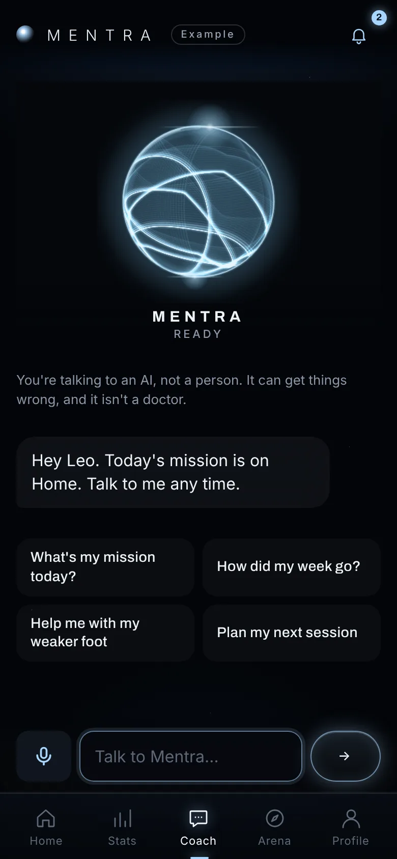 The Coach screen: talk to Mentra, with suggested questions